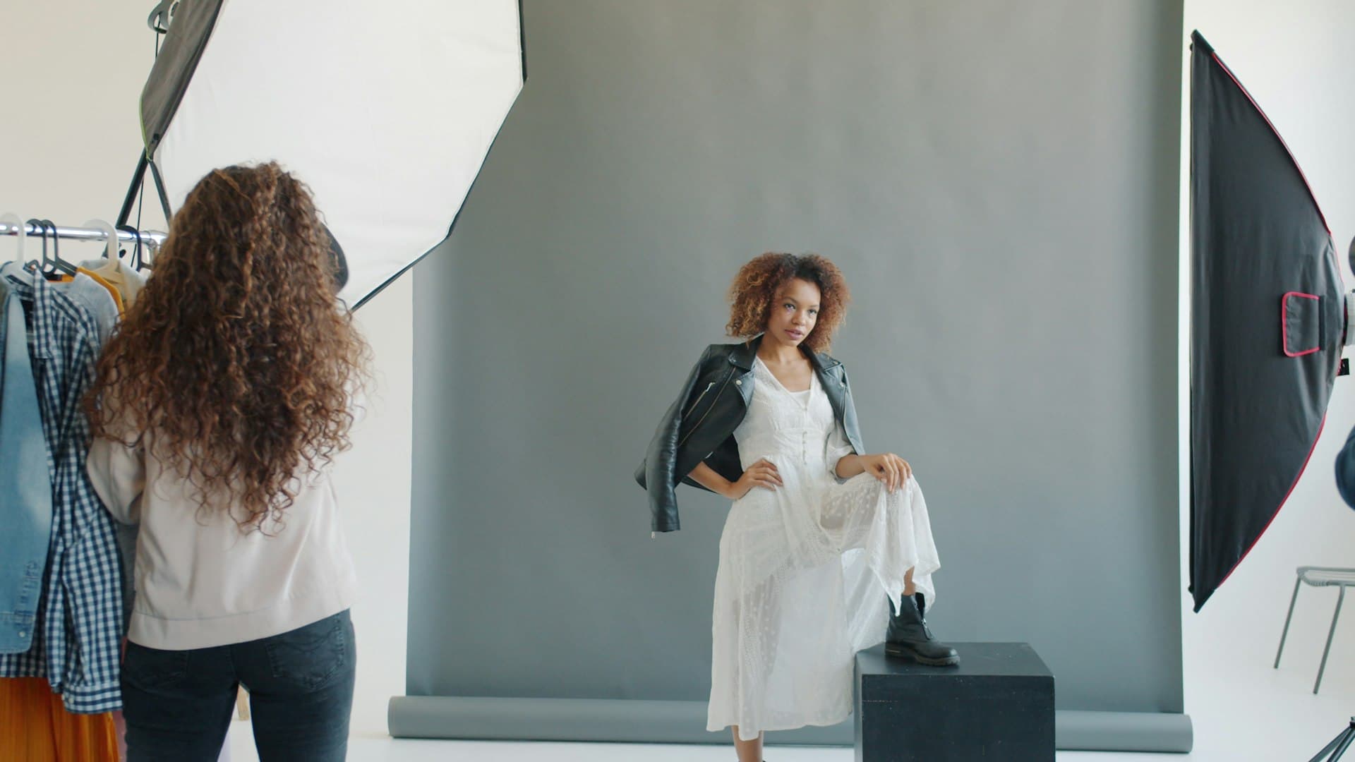 Fashion photography in the studio - fashion shoot in progress with lighting setup, Emma Studio Tbilisi